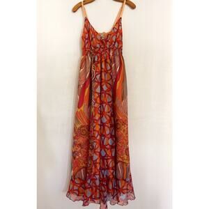 Kushi Maxi Dress M Red Orange Floral Paisley Sheer Boho Empire Waist Smocked